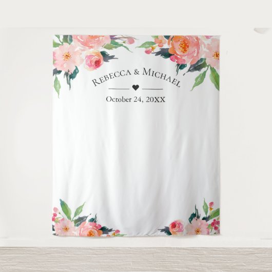 Watercolor Bloem Bruiloft Photo Booth Achtergrond Wandkleed (Voorkant)