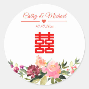 Watercolor bloem dubbel geluk huwelijk ronde sticker