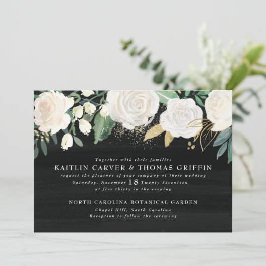 Watercolor Bloem + Gouden Accent Trouw Uitnodiging (Staand voorkant)