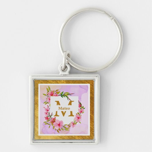 Watercolor Bloem Gouden Frame | Aangepaste naam Sleutelhanger (Voorkant)