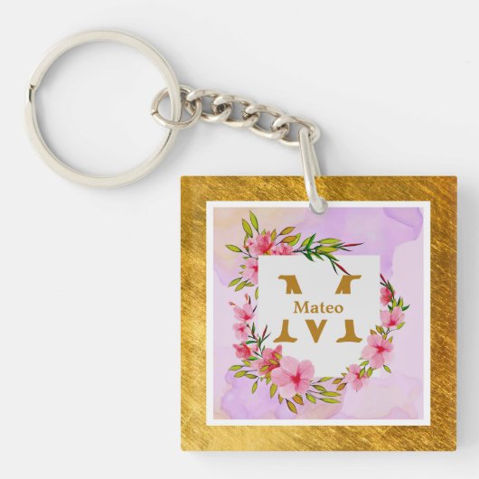 Watercolor Bloem Gouden Frame | Aangepaste Naam Sleutelhanger (Voorkant)