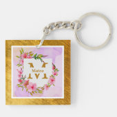 Watercolor Bloem Gouden Frame | Aangepaste Naam Sleutelhanger (Achterkant)