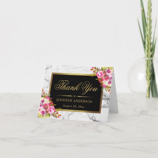 Watercolor Bloem Gouden Frame Marmeren Bedankkaart (Voorkant)