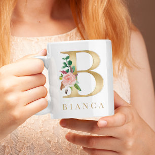 Watercolor Bloem & Gouden Letter B Monogram Koffiemok
