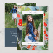 Watercolor Bloem Kerst Stijlvol Twee Foto Grijs Feestdagenkaart (Voorkant / Achterkant)