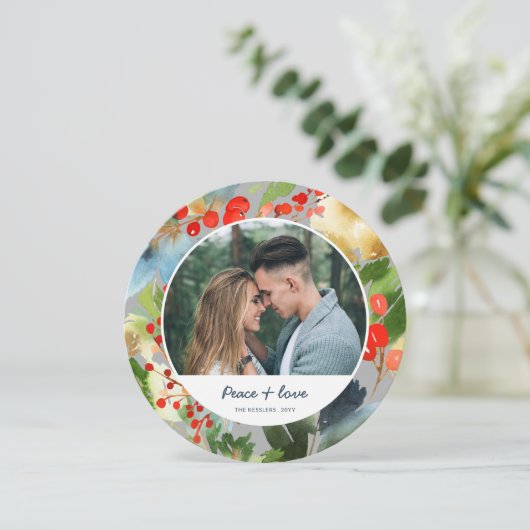 Watercolor Bloem Kerstmis Cirkel Foto Grijs Feestdagenkaart (Staand voorkant)