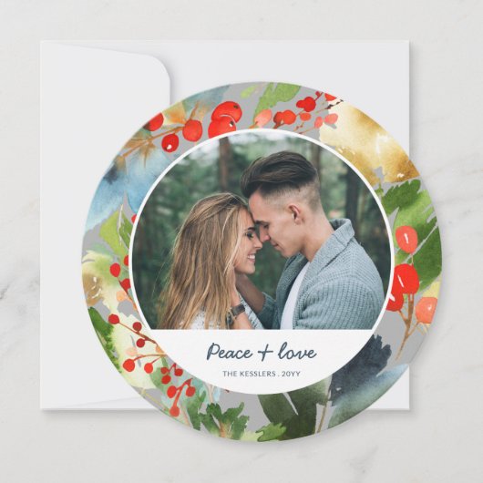 Watercolor Bloem Kerstmis Cirkel Foto Grijs Feestdagenkaart (Voorkant)