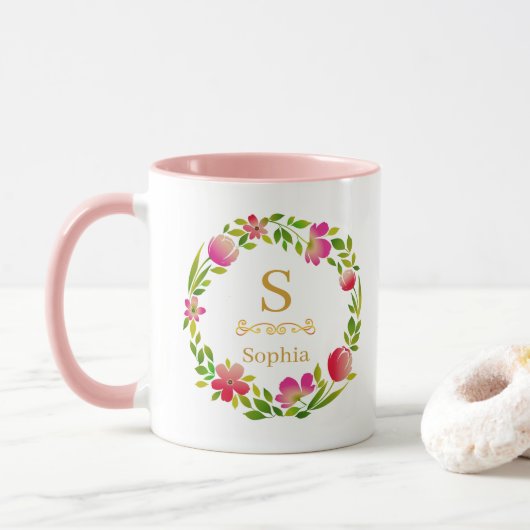 Watercolor Bloem Monogram I Op Maat Gemaakte Goude Mok (Met donut)