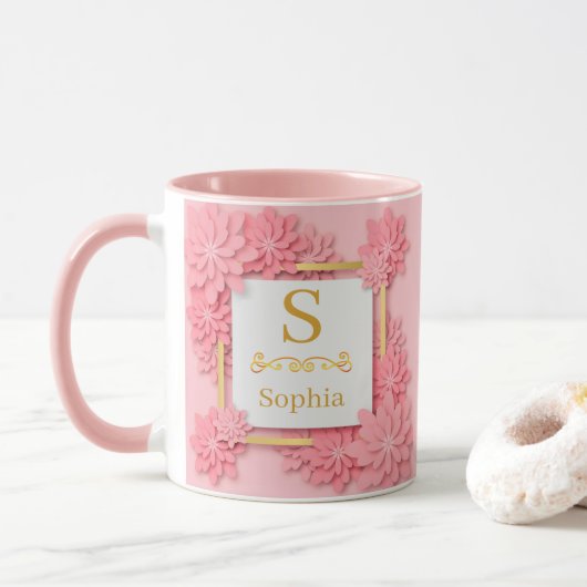 Watercolor Bloem Monogram I Op Maat Gemaakte Goude Mok (Met donut)