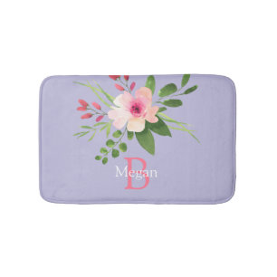 Watercolor Bloem, Naam & Monogram op Lavendel Badmat