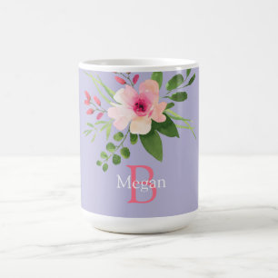 Watercolor Bloem, Naam & Monogram op Lavendel Koffiemok