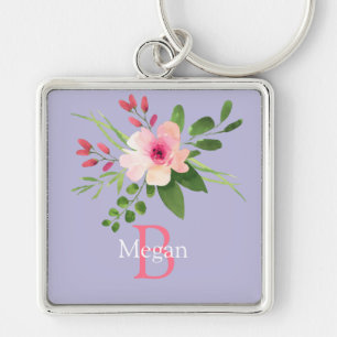 Watercolor Bloem, Naam & Monogram op Lavendel Sleutelhanger