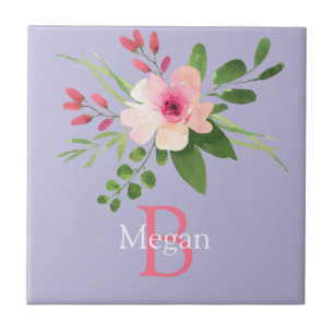 Watercolor Bloem, Naam & Monogram op Lavendel Tegeltje