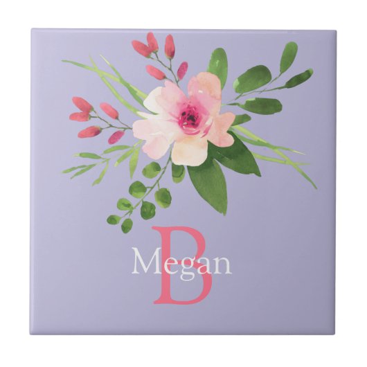 Watercolor Bloem, Naam & Monogram op Lavendel Tegeltje (Voorkant)