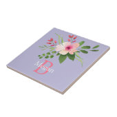 Watercolor Bloem, Naam & Monogram op Lavendel Tegeltje (Zijkant)