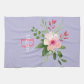 Watercolor Bloem, Naam & Monogram op Lavendel Theedoek (Horizontaal)