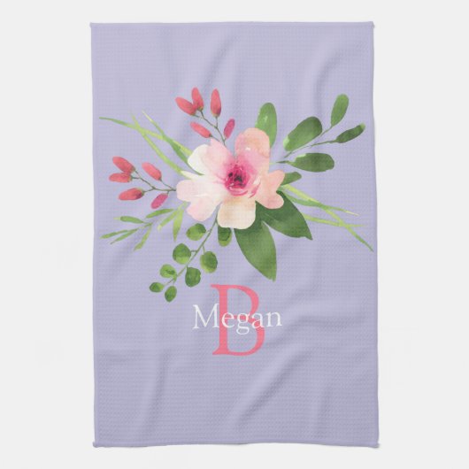 Watercolor Bloem, Naam & Monogram op Lavendel Theedoek (Verticaal)