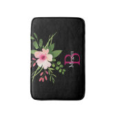Watercolor Bloem, Naam & Monogram op Zwart Badmat (Voorkant Verticaal)