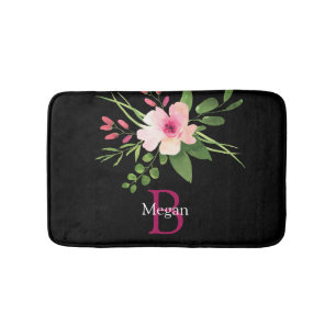 Watercolor Bloem, Naam & Monogram op Zwart Badmat