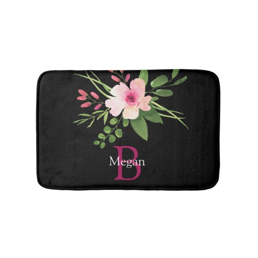 Watercolor Bloem, Naam & Monogram op Zwart Badmat (Voorkant)