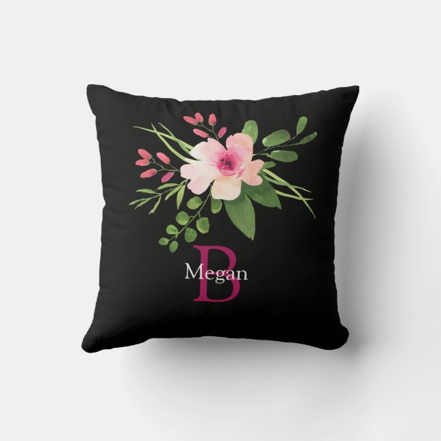 Watercolor Bloem, Naam & Monogram op Zwart Kussen (Achterkant)