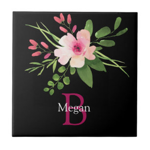 Watercolor Bloem, Naam & Monogram op Zwart Tegeltje