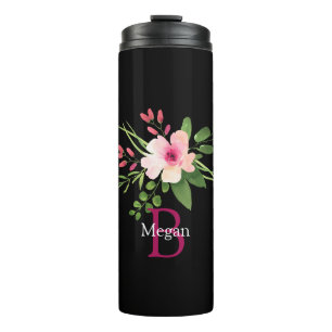 Watercolor Bloem, Naam & Monogram op Zwart Thermosbeker