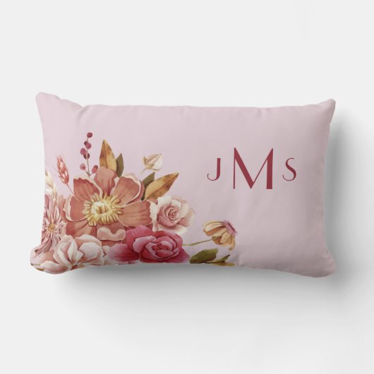 Watercolor Bloem Roze Monogram Kussen (Voorkant)
