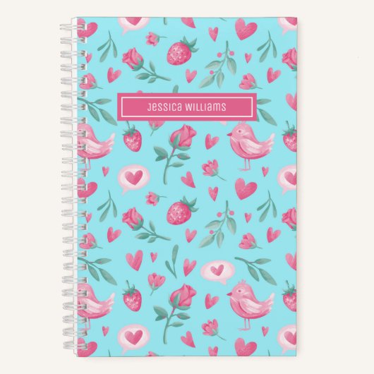 Watercolor Bloem Roze Rozen Vogel Patroon Notitieboek (Voorkant)