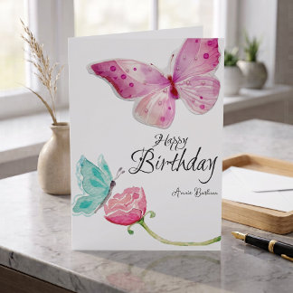 Watercolor Bloem Vlinder Verjaardagskaart Kaart