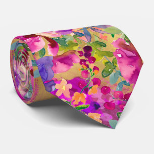 Watercolor Bloemboeket op Frambozenroze Stropdas