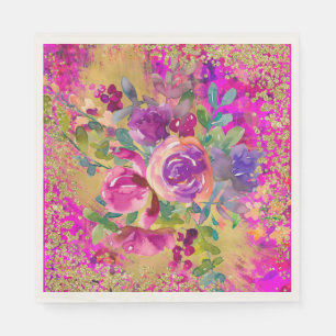 Watercolor Bloemboeket op Roze Glitter Servet
