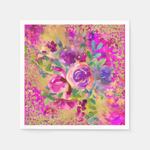 Watercolor Bloemboeket op Roze Glitters Servet