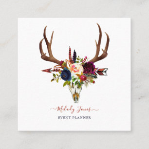 WATERCOLOR BLOEMEN, BOHO SKULL+PIJL VIERKANTE VISITEKAARTJE