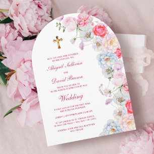Watercolor Bloemen Boog Religieuze Trouwfeest Kaart
