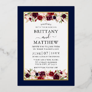 Watercolor Bloemen Bruiloft Blauw Elegant Goud Folie Uitnodiging