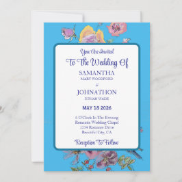 Watercolor Bloemen Bruiloft Uitnodiging met Blauwe