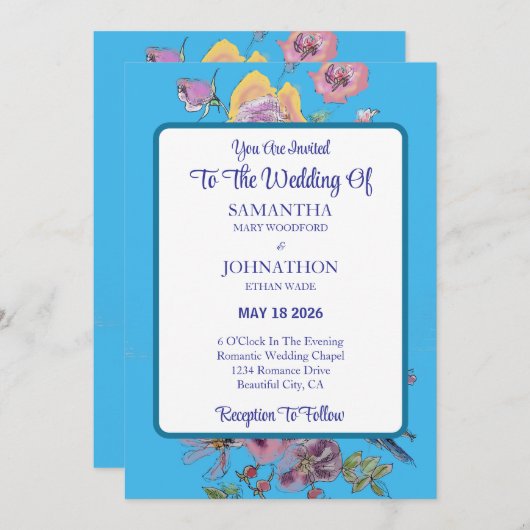 Watercolor Bloemen Bruiloft Uitnodiging met Blauwe (Voorkant / Achterkant)