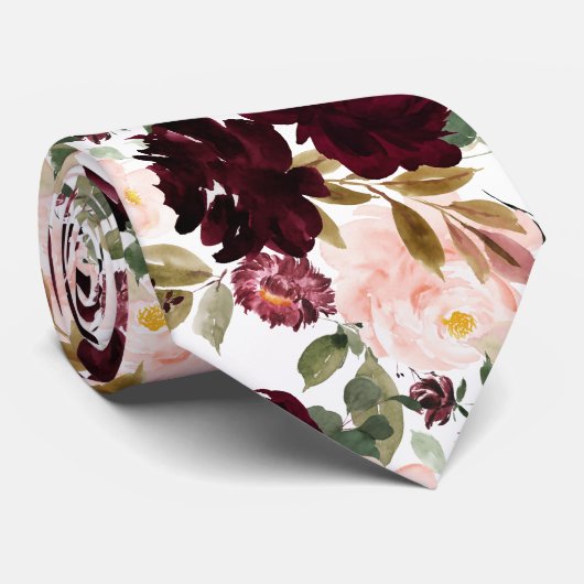 Watercolor Bloemen Burgundy Blush Stropdas (Opgerold)