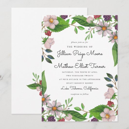 Watercolor Bloemen en Bessen Bruiloft Kaart (Voorkant / Achterkant)