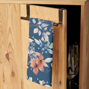 Watercolor Bloemen en Bessen op Marineblauw Theedoek