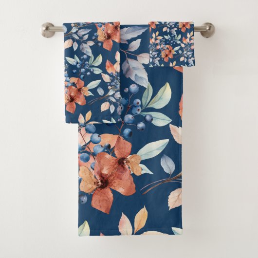 Watercolor Bloemen en Bessen op Navy Blauwe Onderg Bad Handdoek (Insitu)