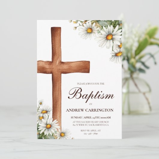 Watercolor Bloemen en Doop Kruis Doop Kaart (Staand voorkant)