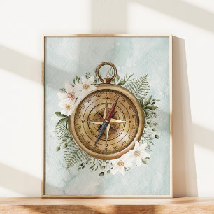 Watercolor Bloemen en Groene Bladeren Bloemkompas Poster