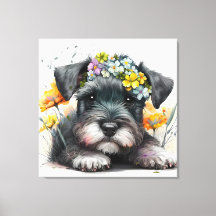 Watercolor Bloemen en Schnauzer Puppy 