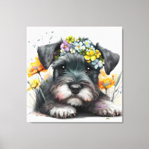 Watercolor Bloemen en Schnauzer Puppy  Canvas Afdruk