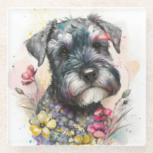 Watercolor Bloemen en Schnauzer Puppy Glazen Onderzetter