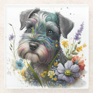 Watercolor Bloemen en Schnauzer Puppy Glazen Onderzetter