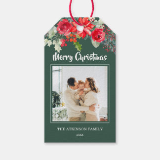 Watercolor Bloemen Familie Foto Kerstcadeau Label Cadeaulabel