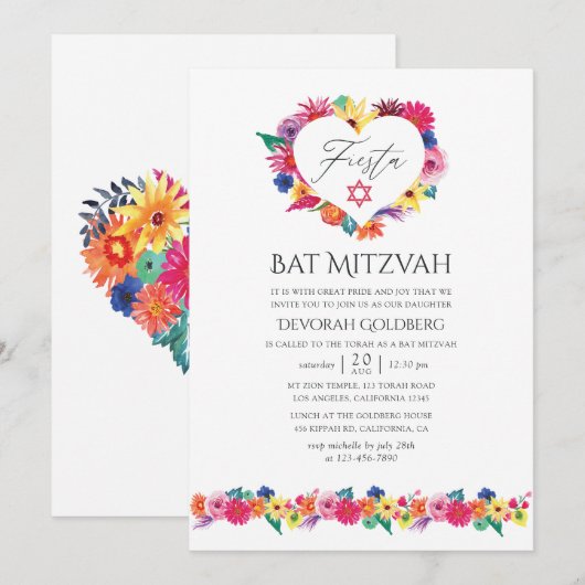 Watercolor Bloemen Fiesta Bat Mitzvah Kaart (Voorkant / Achterkant)
